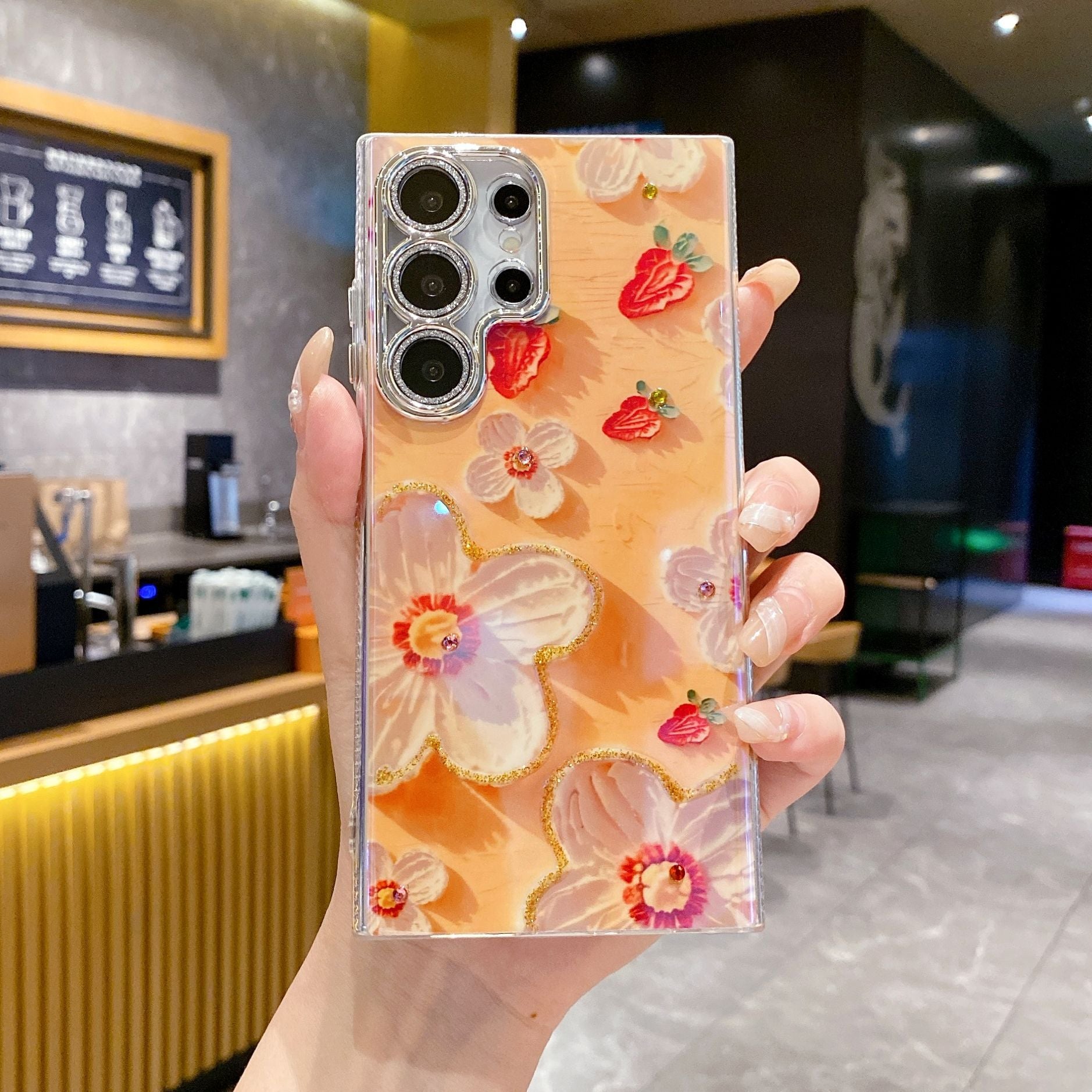 Peinture à l'huile de strass de luxe Flower Phone Case Lens Fine Hole Tout Inclus