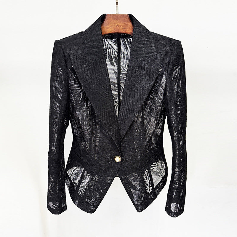 Veste de blazer broyée à simple bouton Sheer Leaf Jacquard