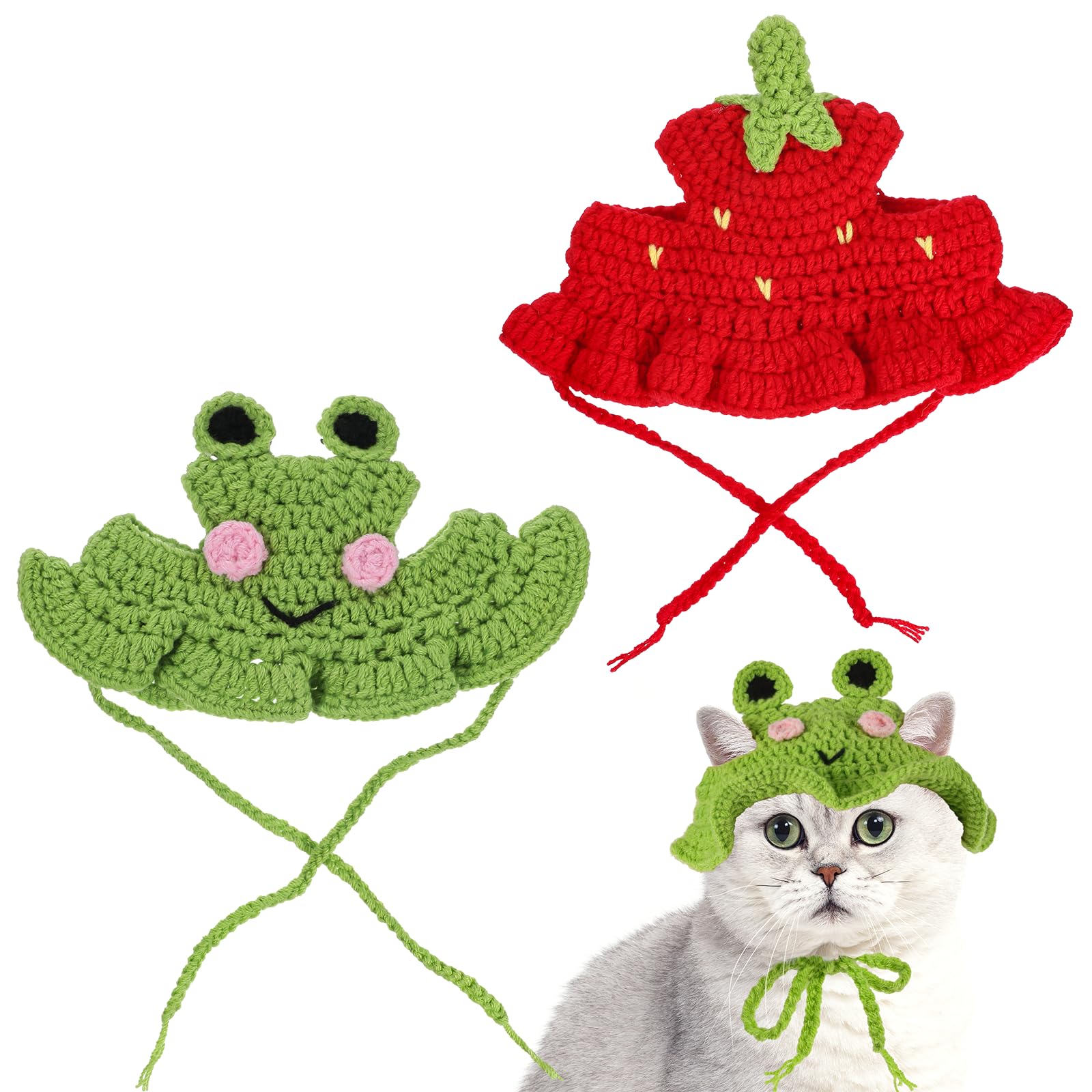 2Pcs Crochet chapeaux de chat tricoté chapeau de chat fraise et grenouille chapeau mignon tricoté chat