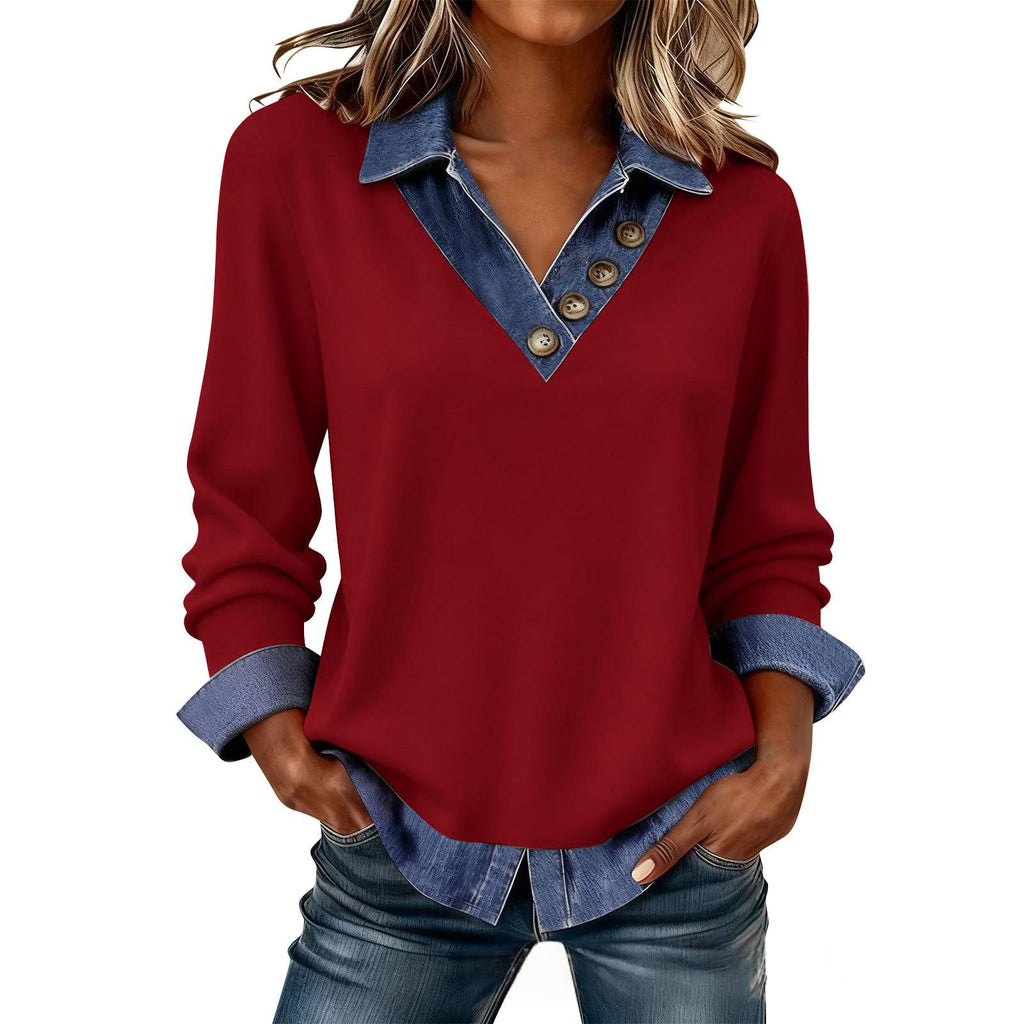 Top casual tricoté à manches longues avec un col V denim