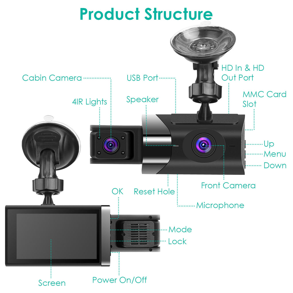 2K Voiture DVR 3 Channel Dash Cam Caméra enregistreur avec 140 degrés Angle GPS WiFi Nig