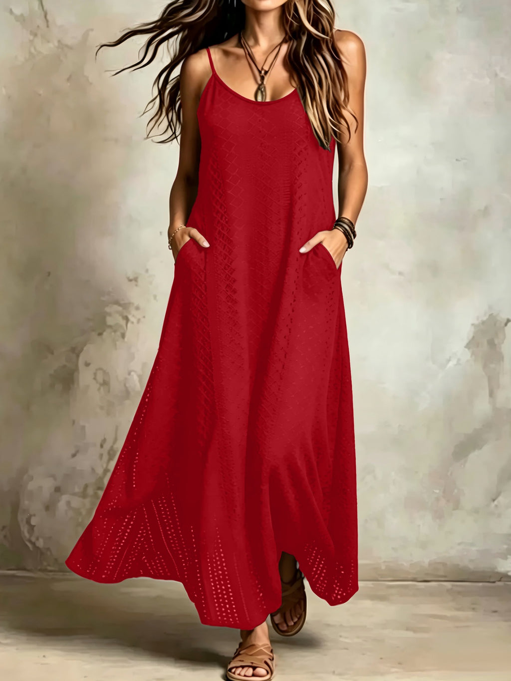 Style vacances bohème Solide couleur Spaghetti Sangle V-Neck Robe de femme avec un paresseux et R