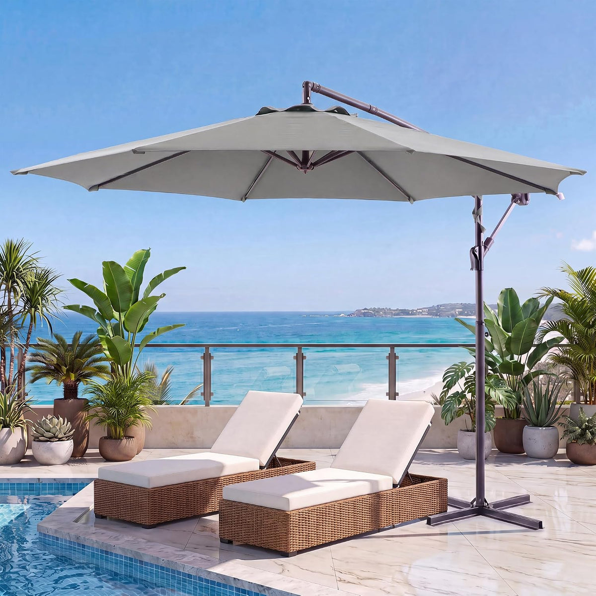 Parapluie 10ft Suspension Marché Outdoor Sun Shade Pour Deck Poolside W lumières Easy Tilt
