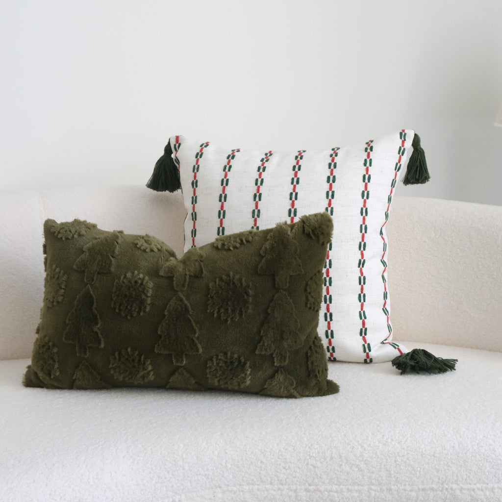 Christmas Collection Red and Green Striped Tasseled Plush Throw Pillow Sofa Cushion