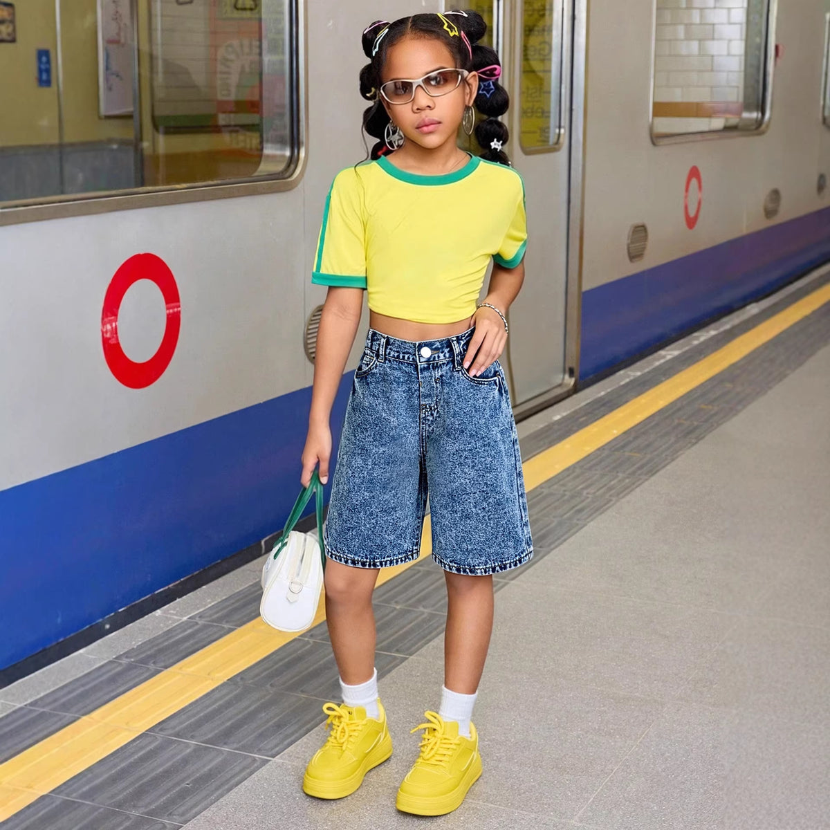 Washed denim girls' mid-length shorts
