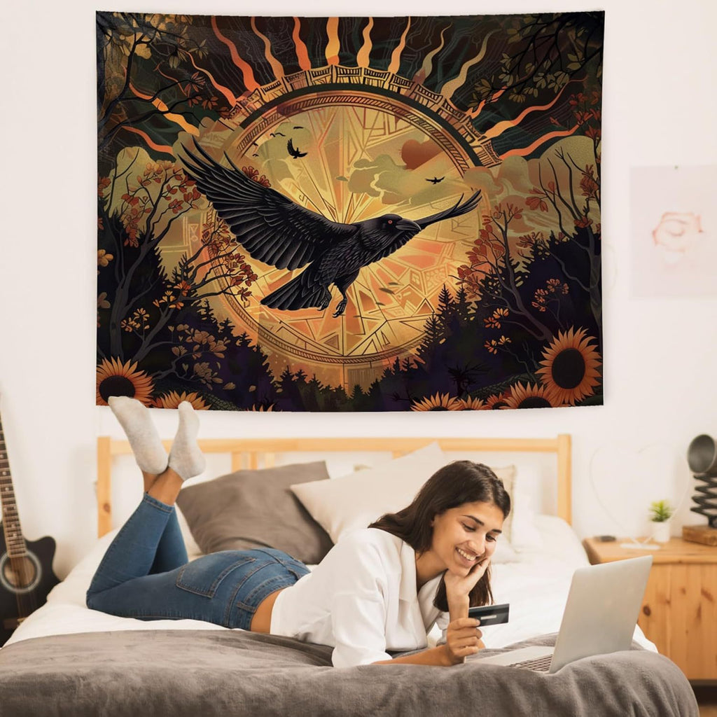 Halloween Noir Raven Sunrise Sunflower Tapestry