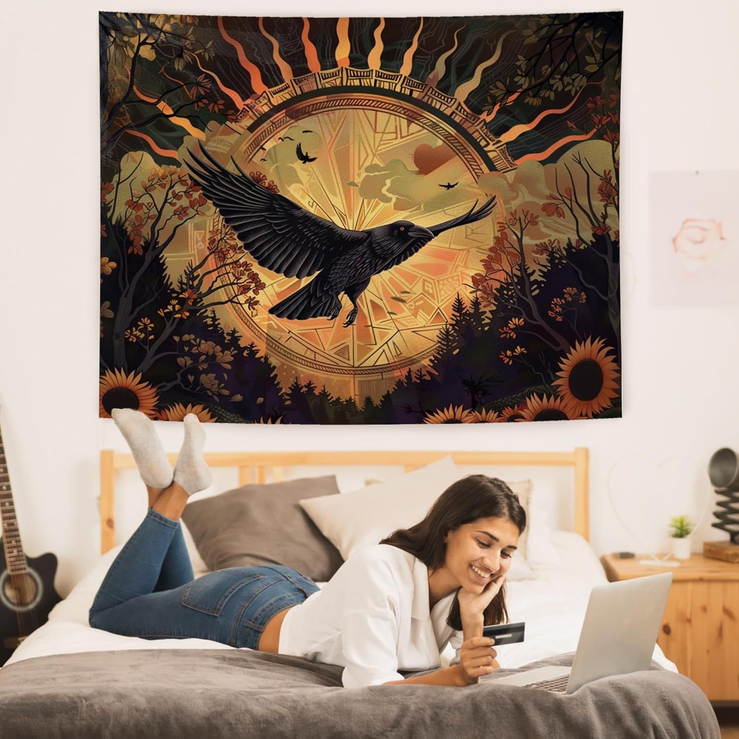 Halloween Noir Raven Sunrise Sunflower Tapestry