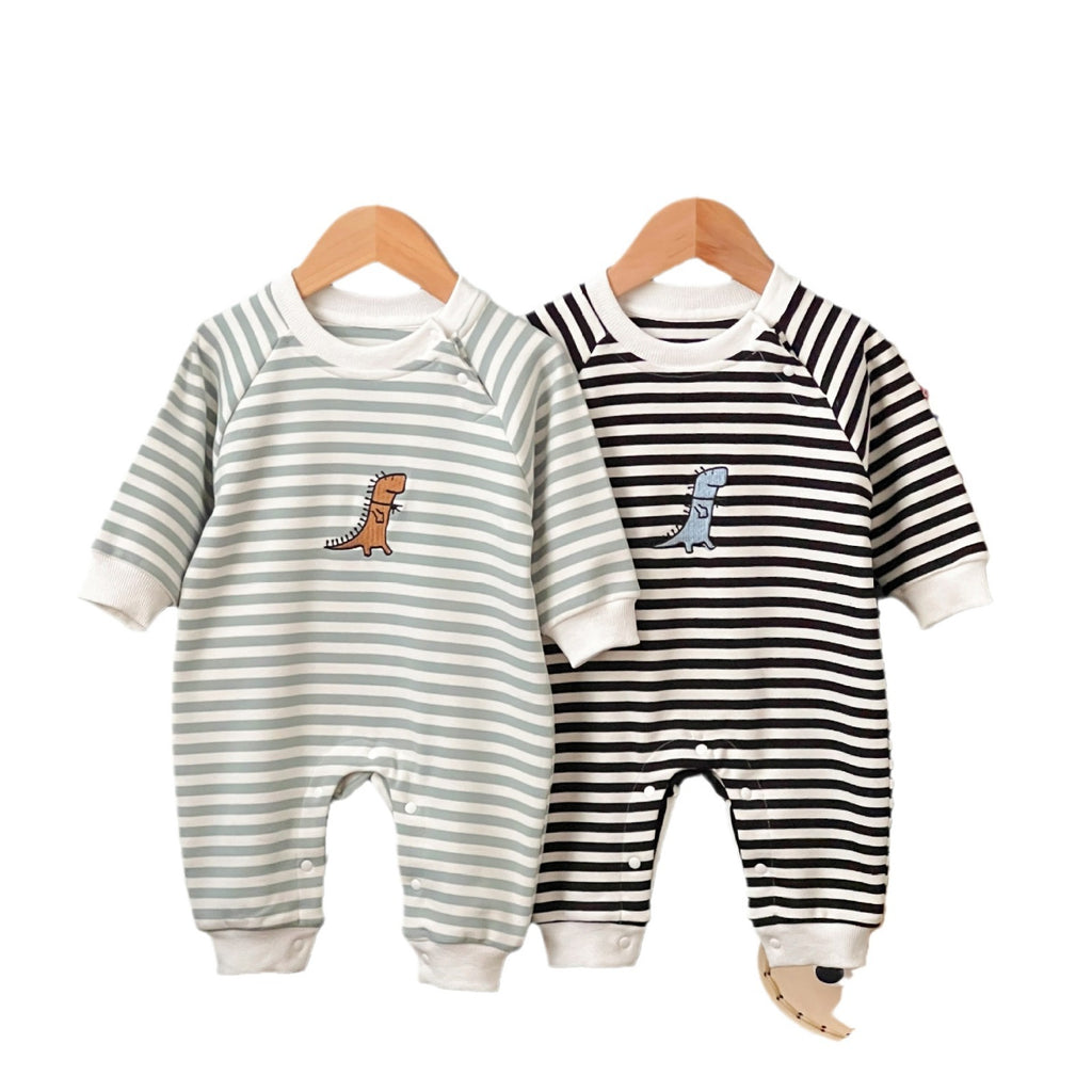 Springautumn Arrivée Stripped Dinosaur-broidered bébé Romper Pour 0 2 ans