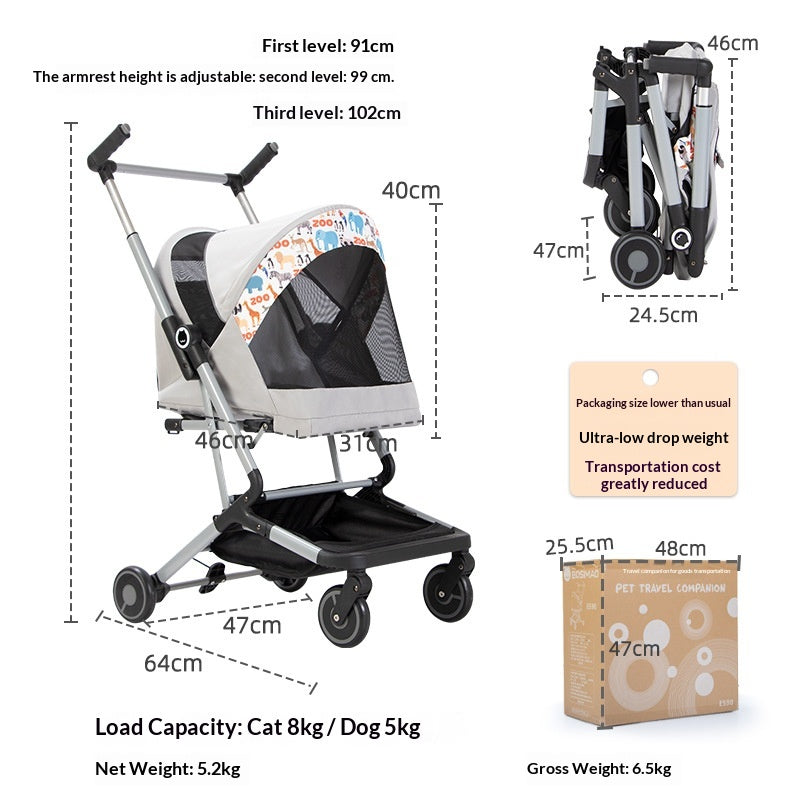 Poussette pour animaux ultra légère pour chats et chiens pliable tout-en-un pour un stockage compact S