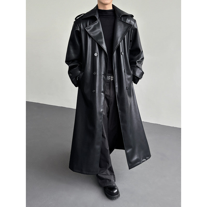 Manteau de tranchée longue en cuir à double bras pour hommes