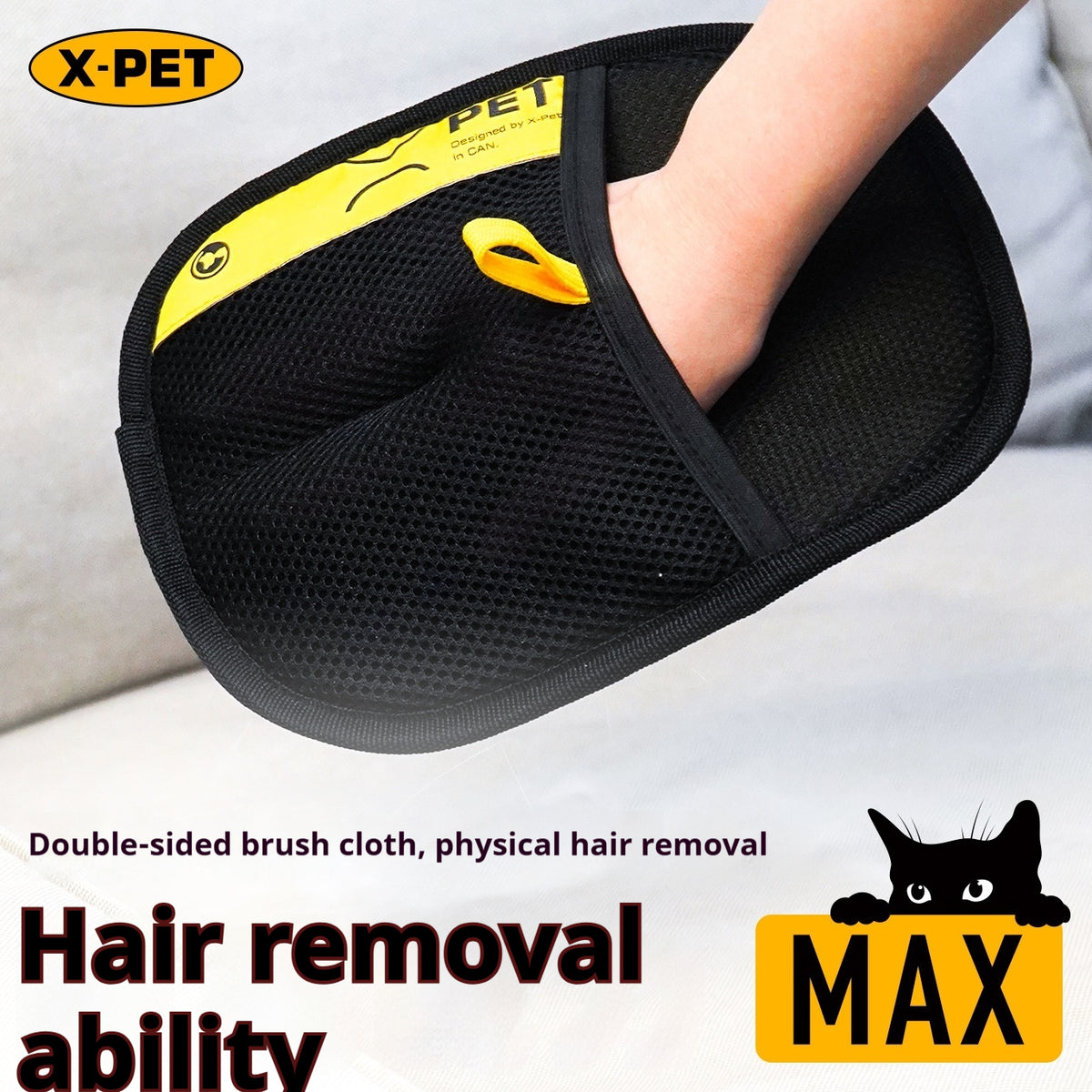 Gants à bretelles double face pour enlever efficacement les cheveux de chat et de chien