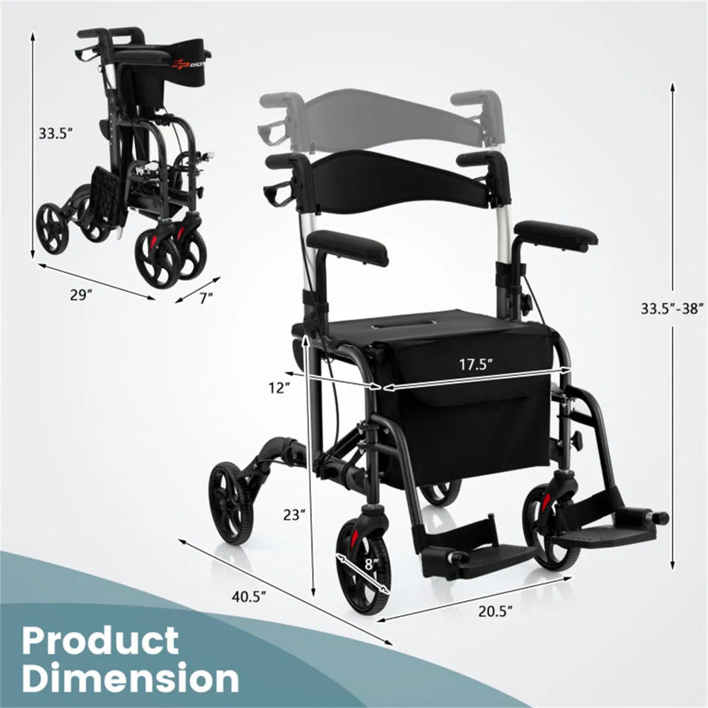 2-en-1 Walker roulant et fauteuil roulant (300lbs): poignées réglables à 6 niveaux