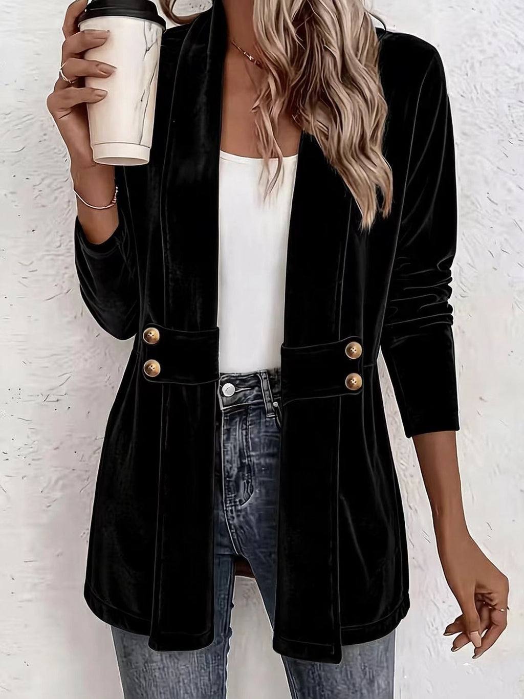 Femmes Velvet Ouvert Cardigan Avant Manches Longues Double Bouton Décor Vêtements de dessus Casual