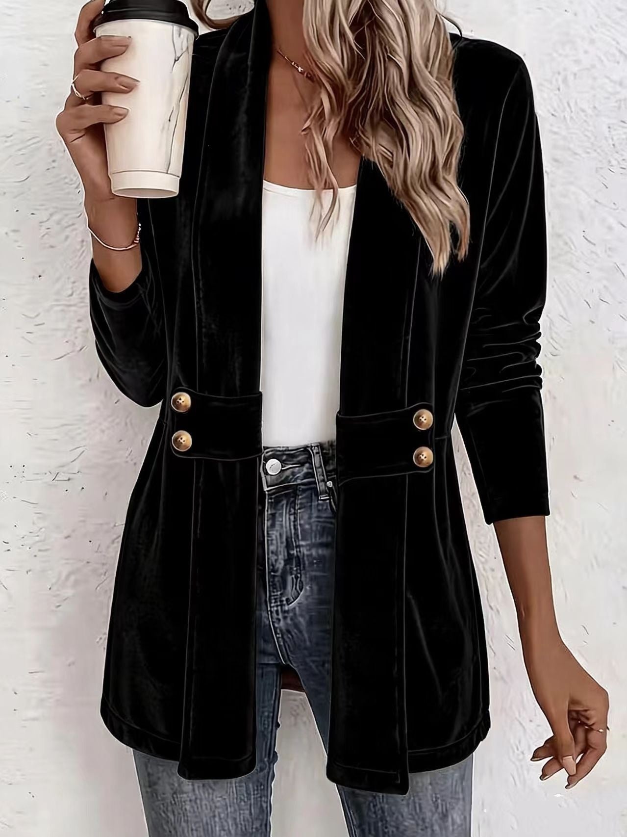 Femmes Velvet Ouvert Cardigan Avant Manches Longues Double Bouton Décor Vêtements de dessus Casual