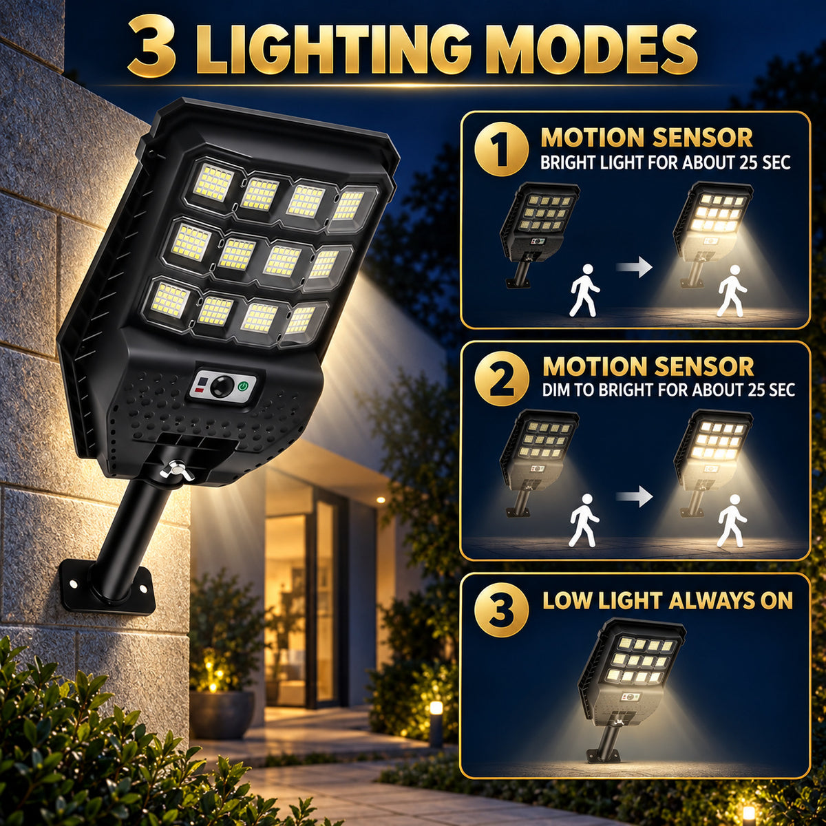 Solar Powered Motion Sensor Outdoor Light W7207 3 Noir pour Garden Yard Street Wall LED