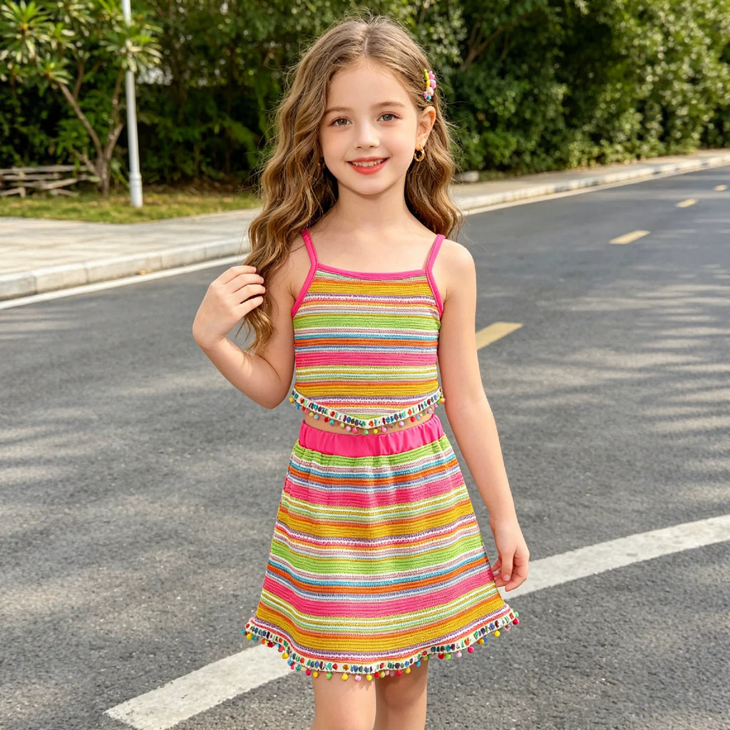 Les petites filles strip-tease Halter Top et la jupe frange-Trimmed ensemble deux pièces
