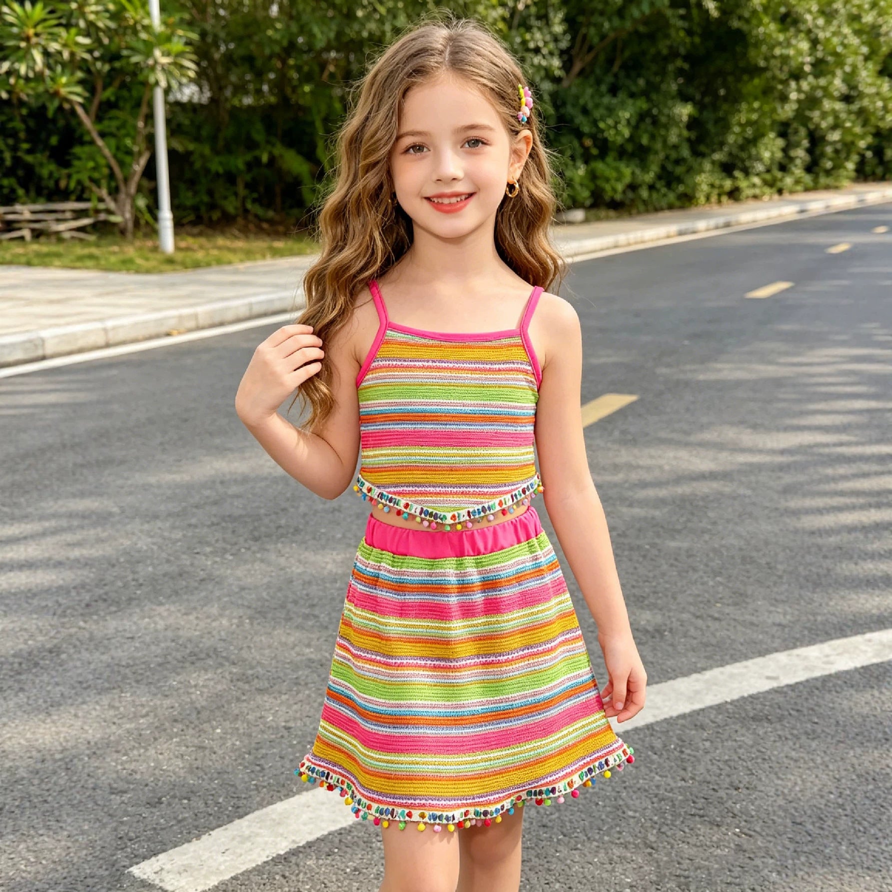 Les petites filles strip-tease Halter Top et la jupe frange-Trimmed ensemble deux pièces