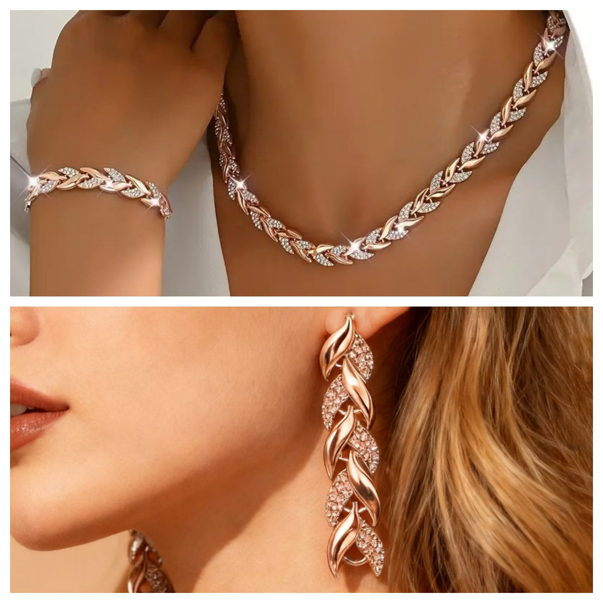 2PCS Collier de collier de feuille de verre Set Élégant collier chaîne en Strass Bracelet pour femme Mode