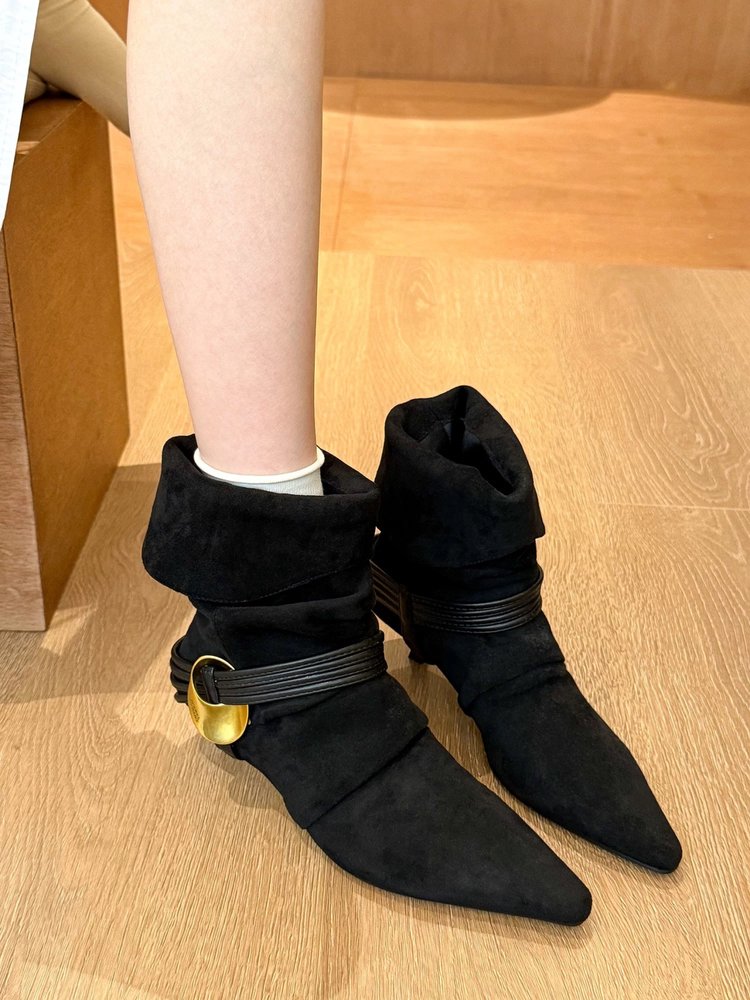 Bande pointue d'orteil à rides pour femmes Bottes de louch Vintage Suede Cuff Metal Buckle Fashion Ank