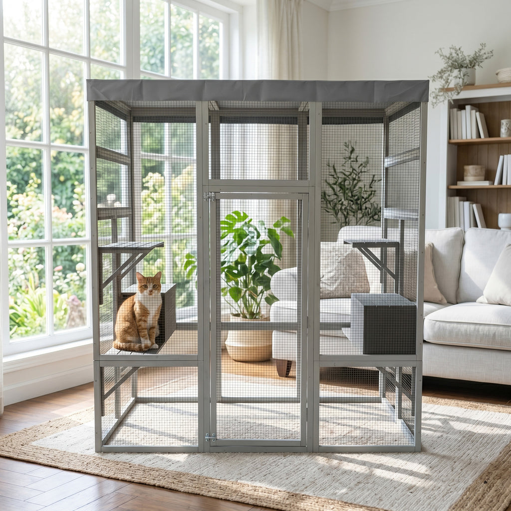 Catio en bois gris avec couvercle imperméable