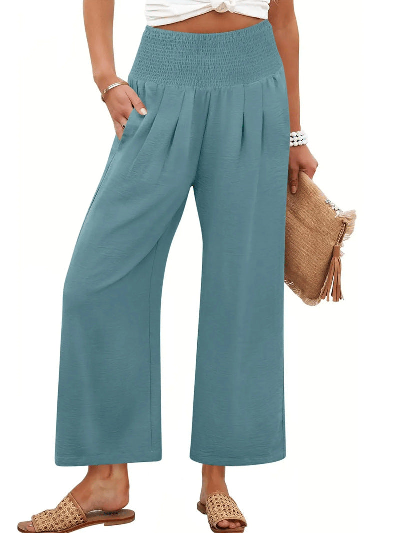 Printemps et automne Couleur solide Pantalons de femmes broyés haute taille taillés droit-leg Casual