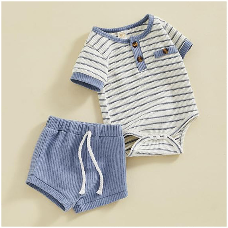 Bébé Garçon Vêtements d'été Bouton manches courtes Romper Bodysuit Short Set Infant Soft Waffle