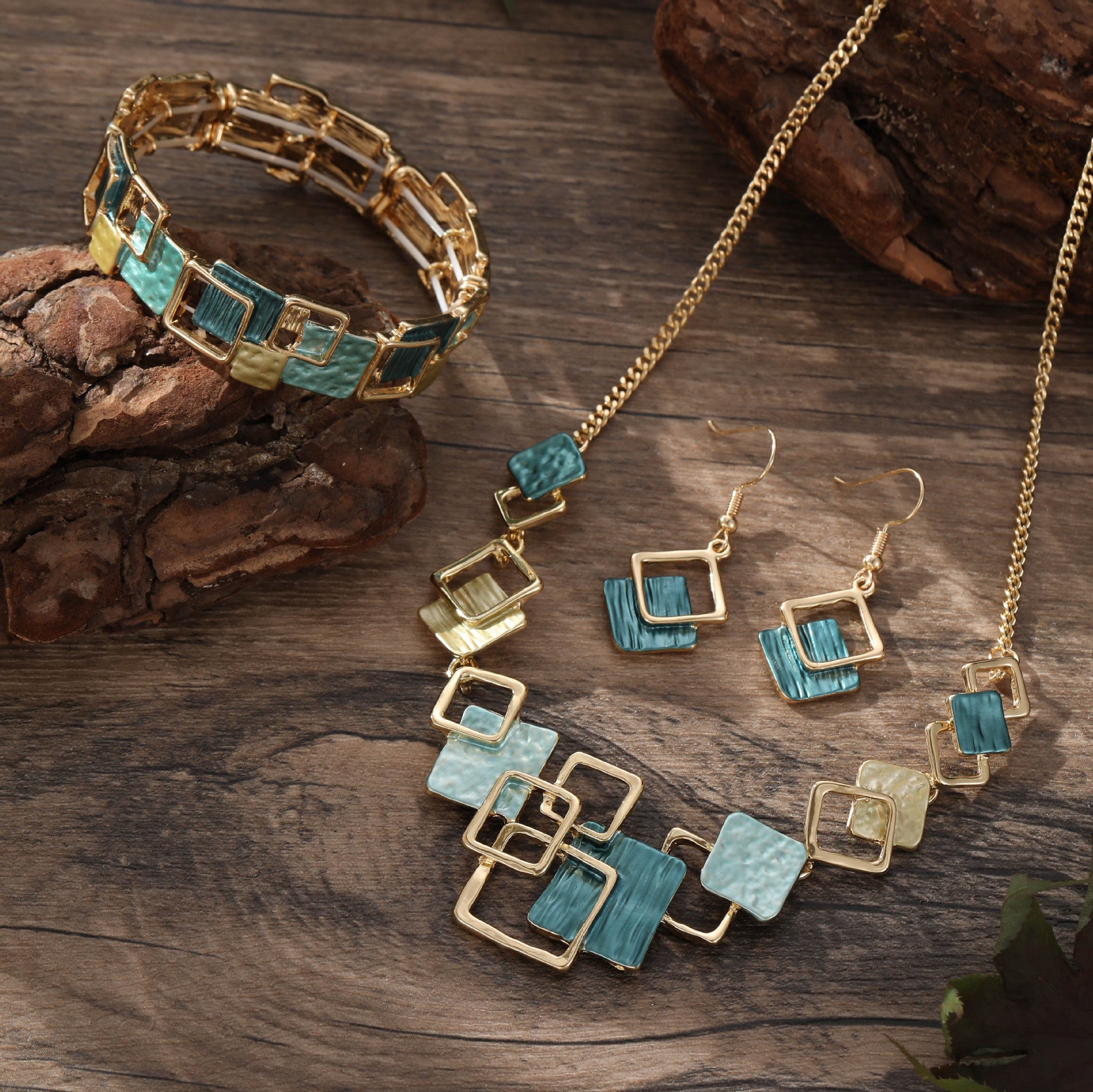 Couleur Peinture huile géométrique carré oreille Studs bracelet et collier