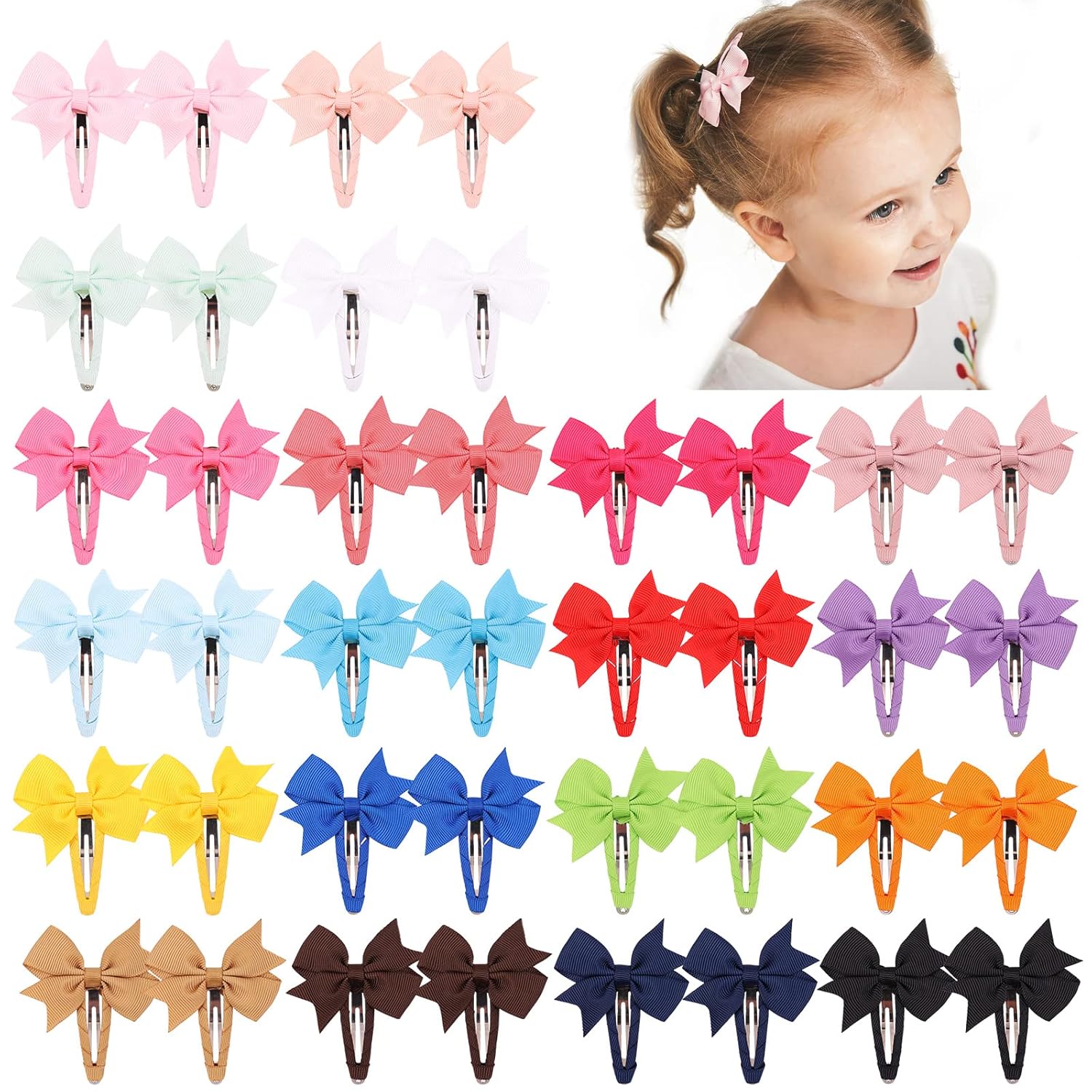 40PCS Snap bébé Bows clips pour les filles Grosgrain Ribbon Entièrement épaulé 2 pouces cheveux pour bébé