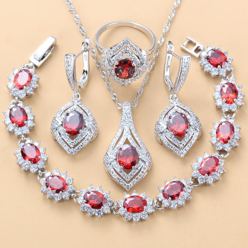 Boucles d'oreilles pendentif en pierre gemme incrustées Collier et anneau pour femmes 4 PCs Set