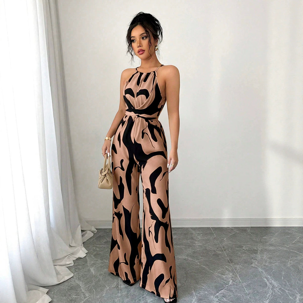 Commerce extérieur Halter Neck Jumpsuit Summer European and American Style Milk Pattern Tie-Up