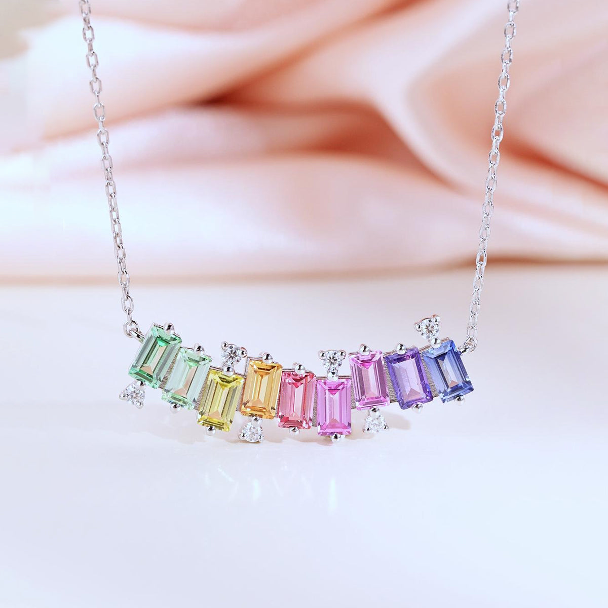 S925 Argent Sterling Rectangle Rainbow Lab-Grown Gemstone Collier 45cm Platinum plaqué Wi