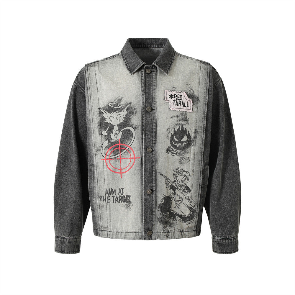 Dark Fun Abstract Demon Imprimé Veste Manteau Homme Punk Lourd Industrie Gradient Denim Cloth
