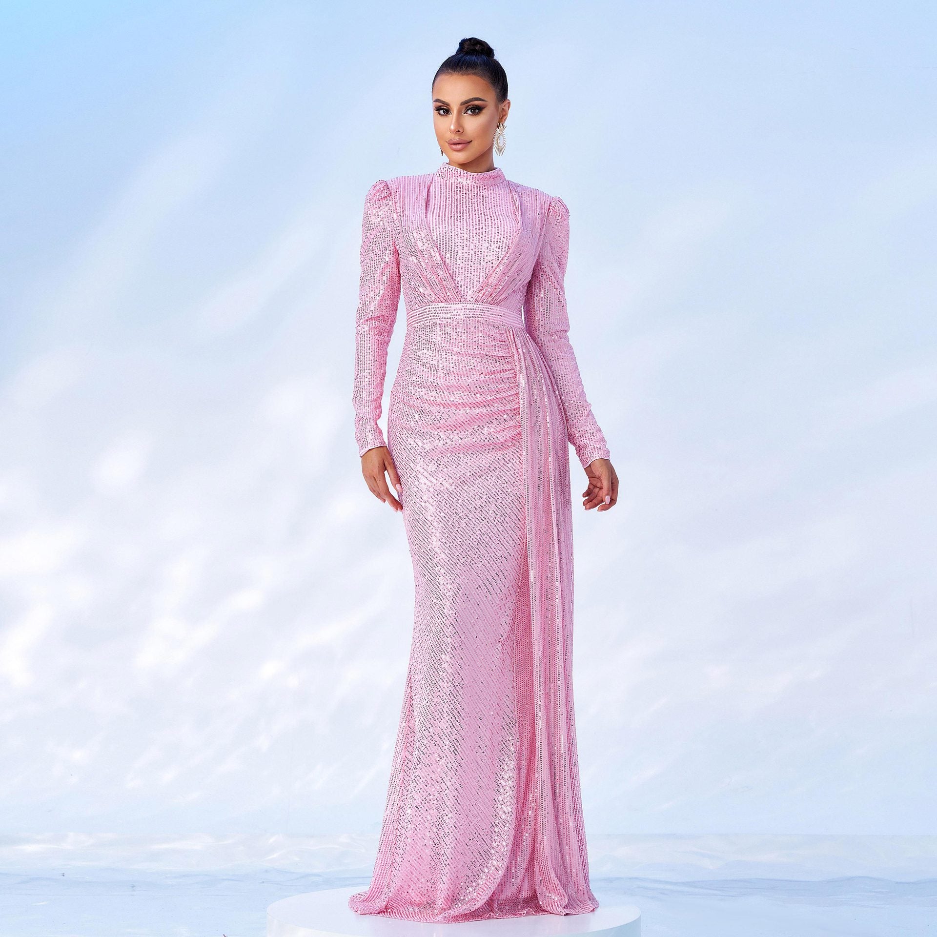 Manches longues Col rond Sexy Slim Robe de banquet longue pailletée