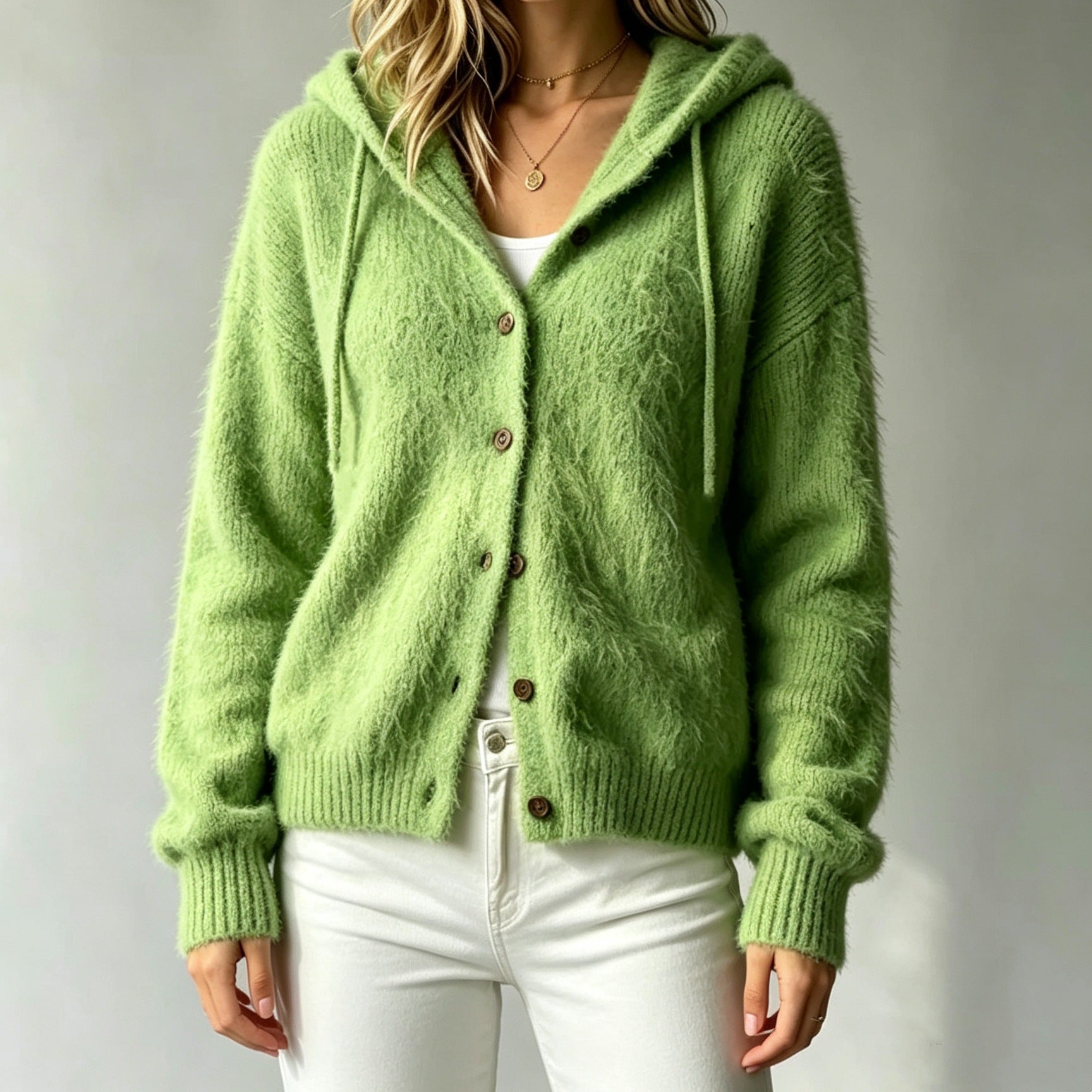 Transfrontaliers Amazon Autumn Hiver Fluffy Mink-like Faux Fur Hooted Open Cardigan Women's C