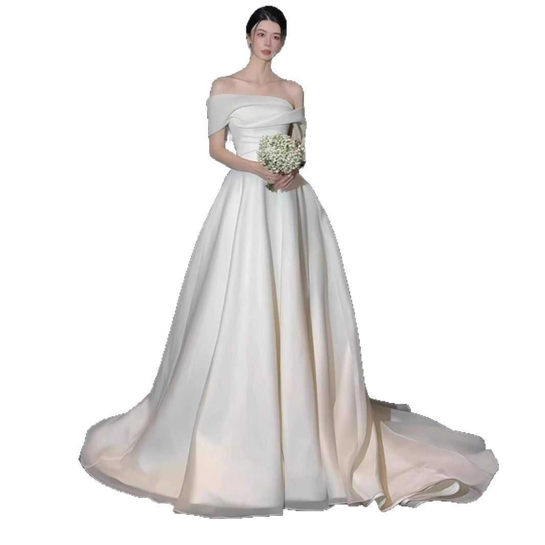 Élégante Satin hors-épaule robe de mariée légère simple et sophistiquée