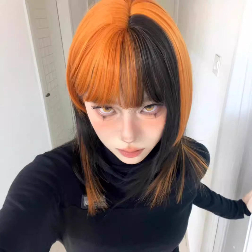 Femmes Noir et sale Orange Ombre Longueur-clavicule Y2K Perruque Cap