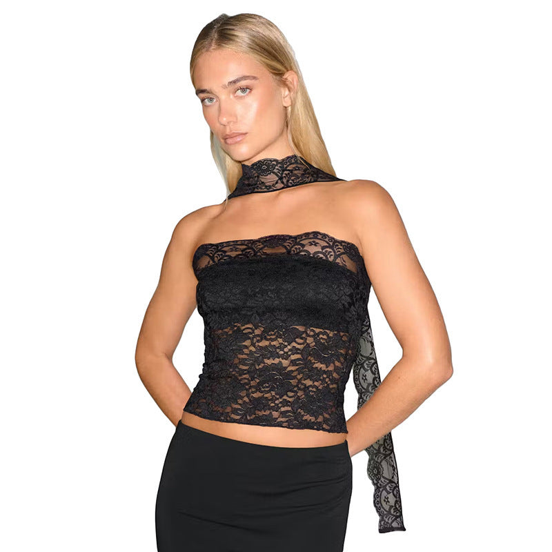 T-shirt de style corset en mailles pour femmes avec cravate de cou