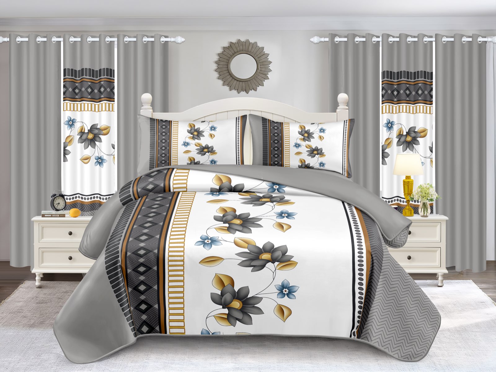 Ensemble de literie 4 piece gris et blanc de couette florale pour la Reine