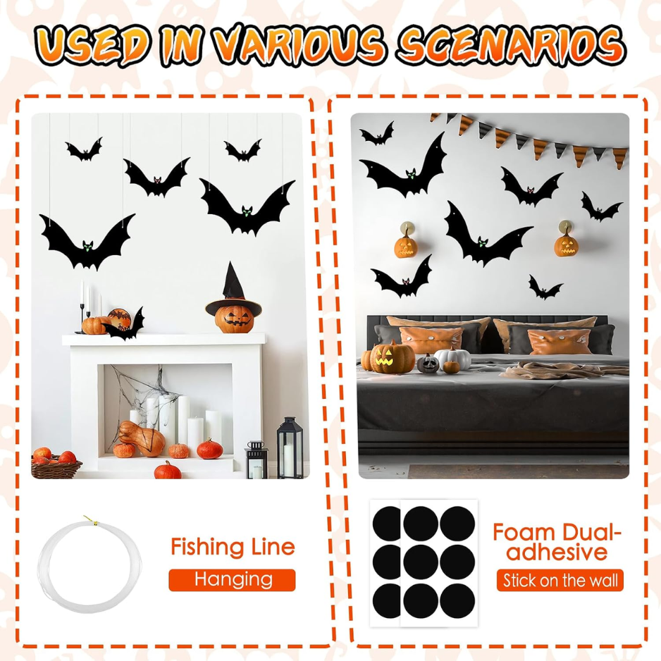 Décorations d'Halloween pour chauve-souris suspendues de 12 paquets 3 tailles assorties - Bat volant résistant aux intempéries