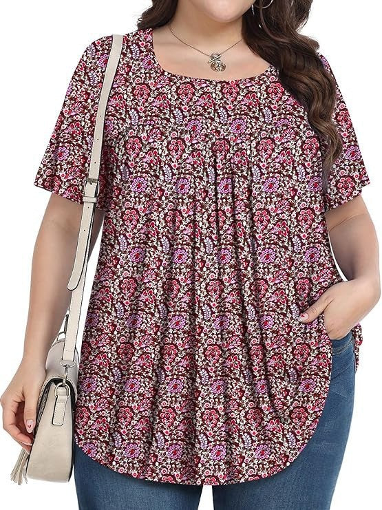 T-shirt casual à col rond à manches courtes avec imprimé floral plus taille