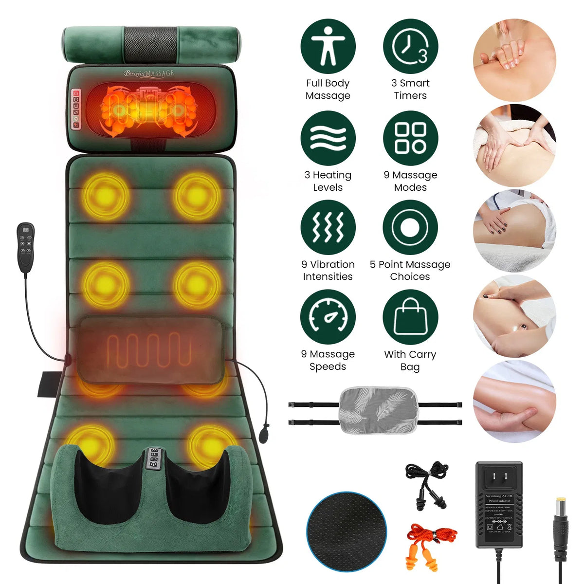 Pad de massage corps complet avec des masseurs Shiatsu cou et pieds séparables