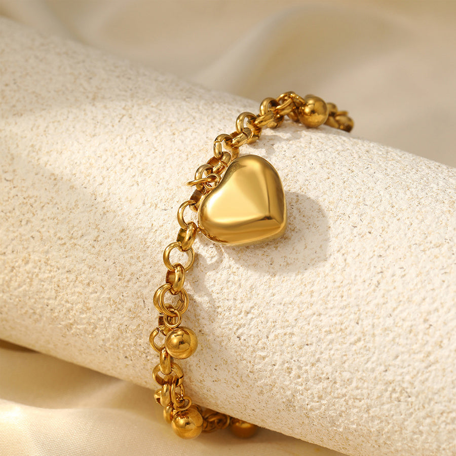 Femmes Gold Tone Puffy bracelet de charme coeur acier inoxydable pendentif coeur 3D avec dengling