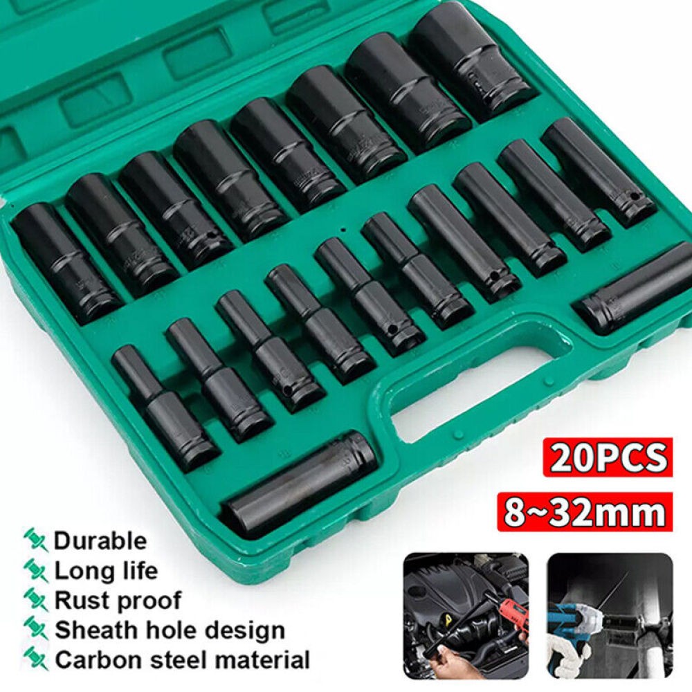 Set de sockets à impact profond de 20PCS 12'' 8-32mm pour garage métrique