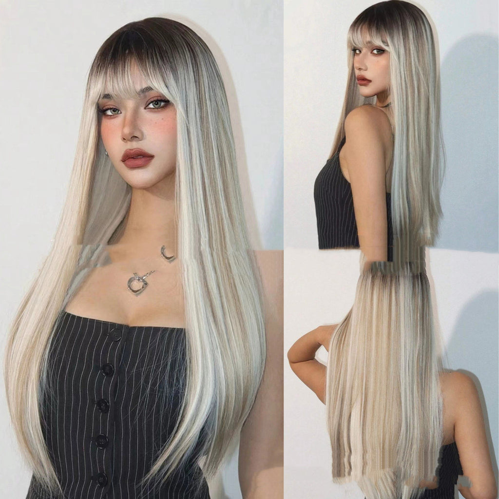 Tête teintes Bangs longs cheveux droits Perruques en fibre haute température