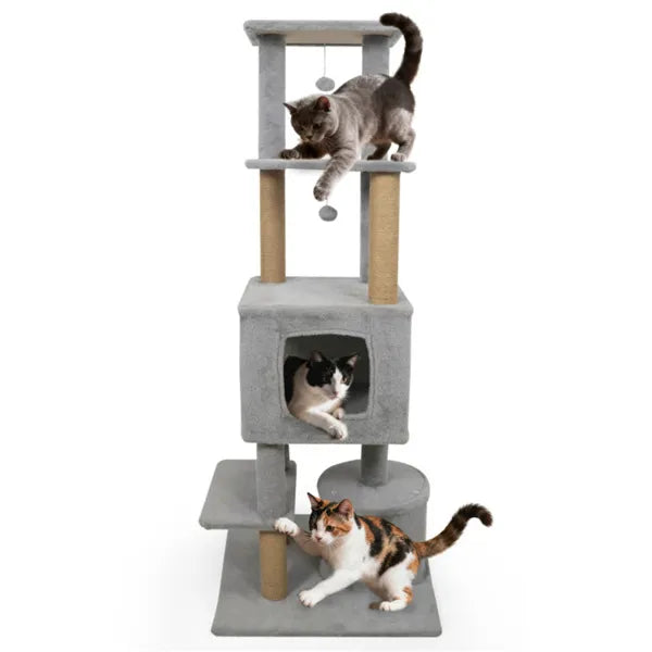 64" Light Gray Cat Tree with Plush Perches and 3 Dangling Balls