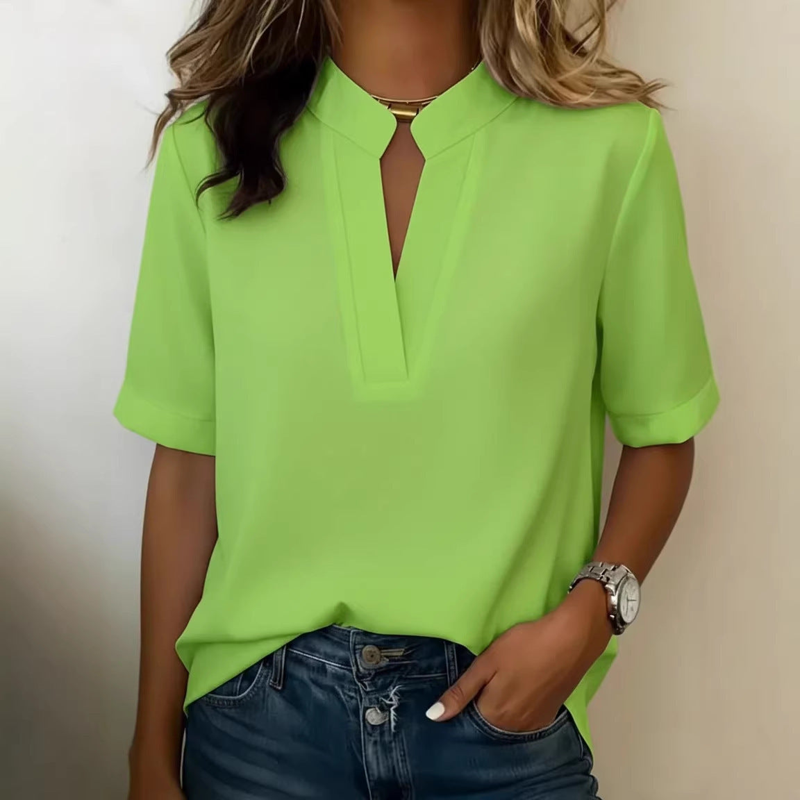 Été Femmes S V Col Casual T Shirt Couleur Solide Loose Fitting Femmes S Short Sleeved Top