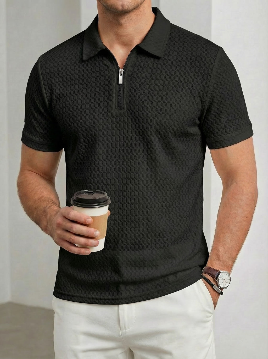 Manche courte pour hommes Lapel Zipper Plaid Jacquard