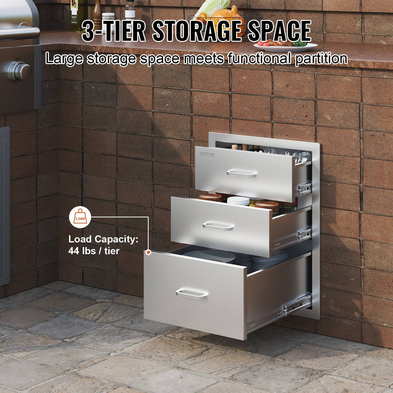 VEVOR 18x20.5 pouces cuisine extérieure en acier inoxydable triple accès BBQ tiroirs avec Chrome H
