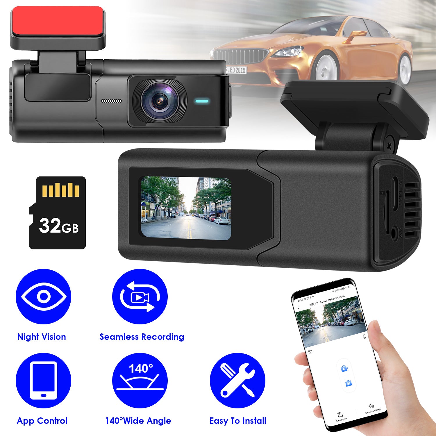 1Pc 2K HD avant Dash Cam pour voiture avec écran IPS vision nuit enregistrement inclus 32G