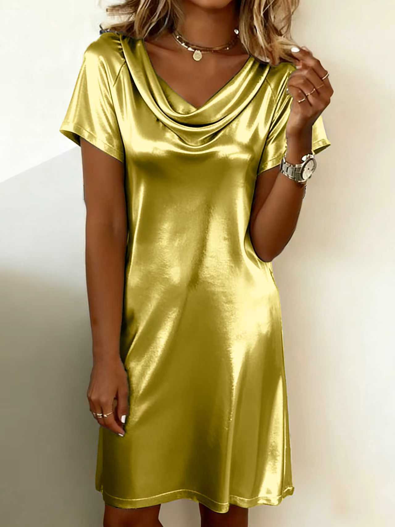 Amazon Independent Site Printemps et été Solid Color Mode Manches courtes Collier Drapé M